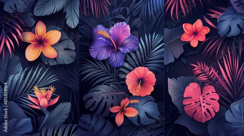 Collection of stylized illustrations showcasing vibrant Hawaiian floral patterns and exotic flowers on a wallpaper design