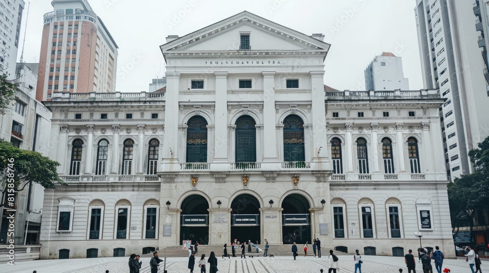 a building with stark white walls and black windows in a beige-textured historical city center, offering a street-level perspective of the facade against a backdrop of a clear sky.