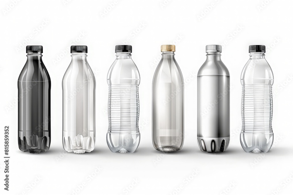Empty plastic bottles. Realistic transparent container for water or liquids, isolated 3D mockups for advertising. Vector set illustrations containers for global beverage packaging on white background Empty plastic bottles. Realistic transparent container for water or liquids, isolated 3D mockups for advertising. Vector set illustrations containers for global beverage packaging on white background