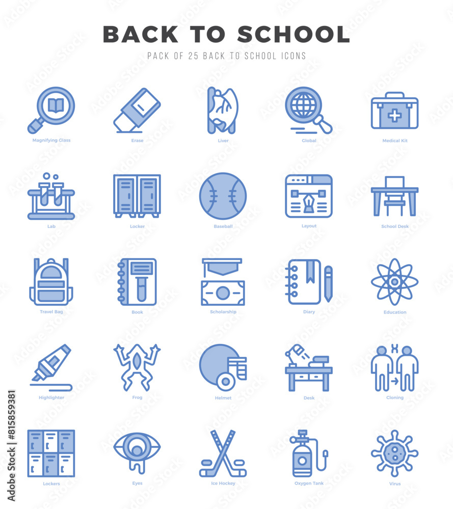 Set of Back To School Icons. Simple Two Color art style icons pack. Set of Back To School Icons. Simple Two Color art style icons pack.