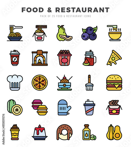 Food and Restaurant Lineal Color icons collection. 25 icon set in a Lineal Color design.