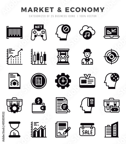 Collection of Market & Economy 25 Lineal Filled Icons Pack.