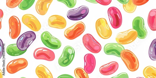 Design an adorable pattern featuring colorful jelly bean shapes on a white background, The design should include vibrant colors like reds, yellows, greens, pinks, photo