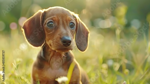 Red dachshund puppies in the spring. Heterochromomia in dogs.