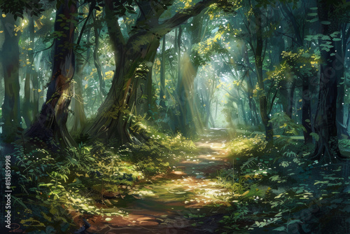 An enchanted forest path winding through towering trees  with sunlight filtering through the lush canopy and casting enchanting shadows on the forest floor