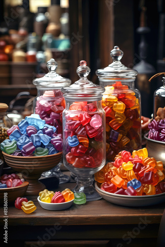Candy Buffet Table: display with colorful jellies in glass jars in confectionery.