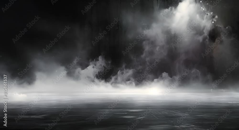 Abstract image of dark concrete floor foggy white mist on black background. Concept Abstract Photography, Dark Aesthetics, Atmospheric Elements