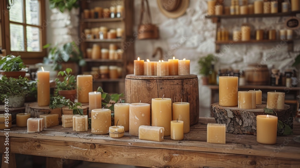 soy candle making workshop with rustic wooden tools and molds, embracing vintage style for a unique crafting experience