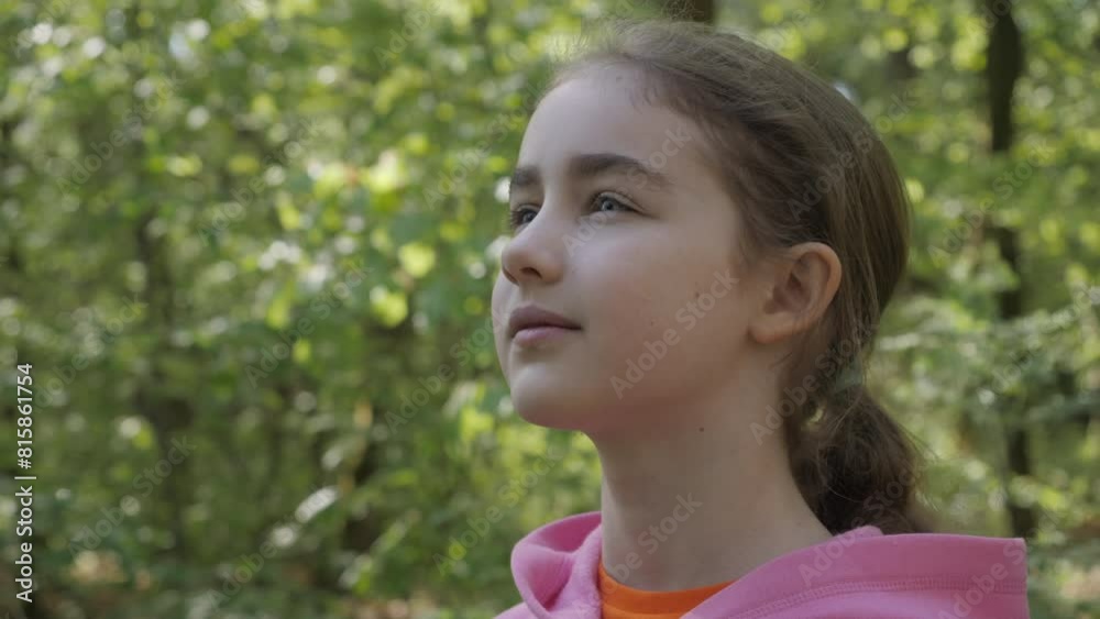 Portrait Child Girl Exhaling Fresh Air, Taking Deep Breath, Reducing Stress in Forest. Dreamy Peaceful Relaxed Person Breathing Fresh Air Nature, Tranquil Child Alone Outdoors Rest Stress Relief. Portrait Child Girl Exhaling Fresh Air, Taking Deep Breath, Reducing Stress in Forest. Dreamy Peaceful Relaxed Person Breathing Fresh Air Nature, Tranquil Child Alone Outdoors Rest Stress Relief.