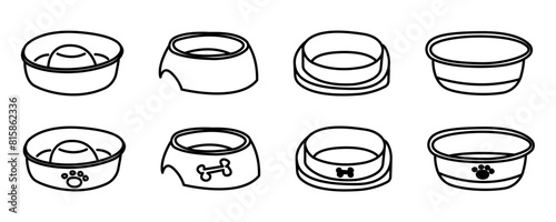 Seth of doodle dog, cat, pet bowl. Care and feeding of animals. Veterinary medicine, nutrition, treatment of animals. Stock vector illustration isolated on a white background.