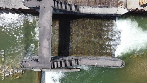 Top view of hydroelectric power plant aerial footage on the Isar river in Munich