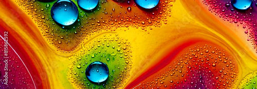 Bright abstract colorful liquid background with drops and bubbles photo