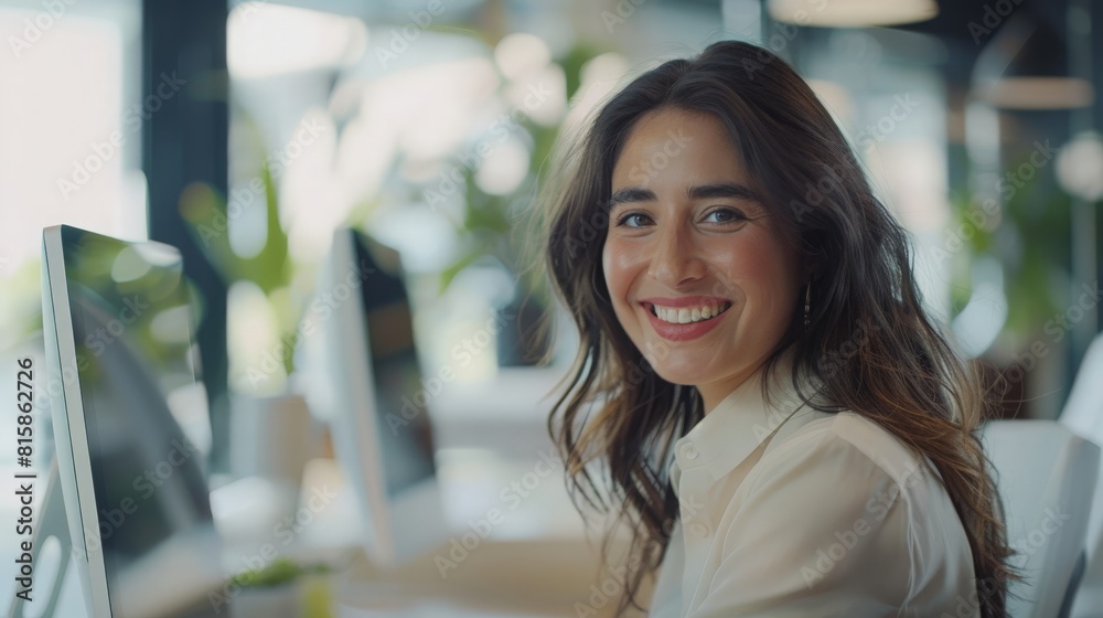 Portrait of Enthusiastic Hispanic Young Woman Working on Computer in a Modern Bright Office. Confident Human Resources Agent Smiling Happily While Collaborating Online with Colleagues Portrait of Enthusiastic Hispanic Young Woman Working on Computer in a Modern Bright Office. Confident Human Resources Agent Smiling Happily While Collaborating Online with Colleagues