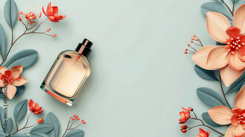 Perfume Bottle with Pink Leaves on a Blue Background Perfume Bottle with Pink Leaves on a Blue Background