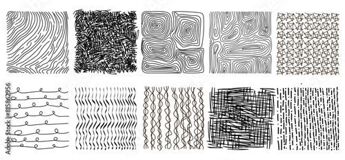 Set of pencil doodles. Hatching, dots and lines. Doodle and sketch style. Black squiggle grunge texture. Vector.