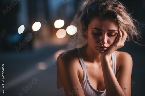 depressed helpless woman sitting alone photo