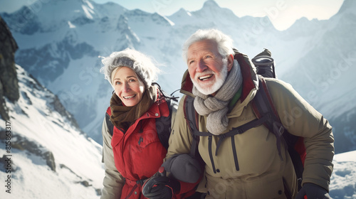 An elderly couple bravely trekking through a snow-covered mountain range, immersing themselves in the beauty of nature