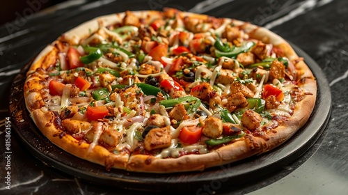 A pizza with a crispy crust, topped with chicken, vegetables, and melted cheese.