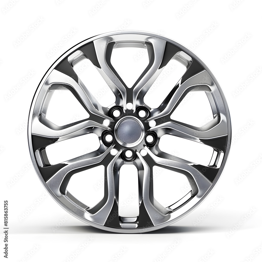 Obraz premium Luxurious polished alloy wheel for high-end vehicles, isolated white background