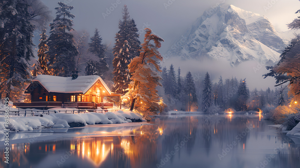 Fototapeta premium Twilight Serenity at a Snow-Clad Cabin and Mountain, Generative AI