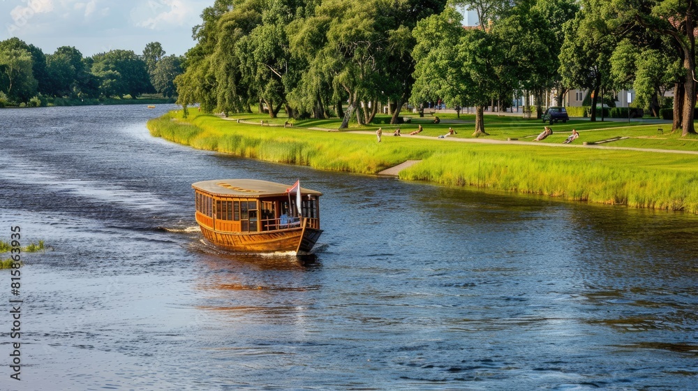 Naklejka premium a small passenger boat navigating a park canal, evoking the ambiance of a crime scene with ample copy space for storytelling.