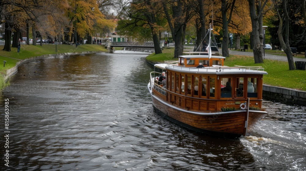 a small passenger boat navigating a park canal, evoking the ambiance of a crime scene with ample copy space for storytelling. a small passenger boat navigating a park canal, evoking the ambiance of a crime scene with ample copy space for storytelling.