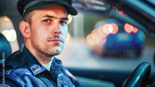 A police officer speeds through the dark streets in his car, on the chase of a car thief © Prompt2image