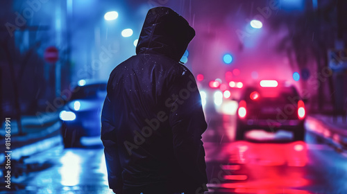 Car thief caught by police, his figure cloaked in darkness under the glow of streetlights