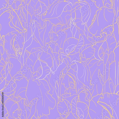 Seamless pattern with golden contours of iris flowers on a purple background 