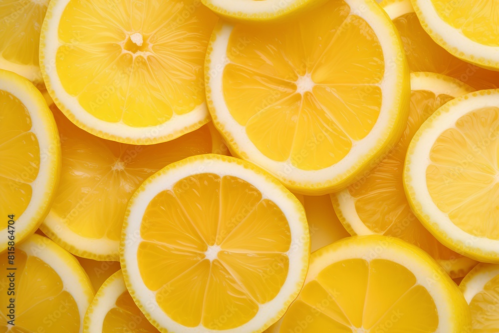 Slices of fresh bright lemon, top view. Background texture of yellow citrus fruit slices.