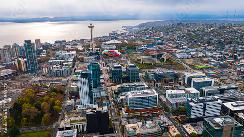 Modern architecture of stunning metropolis from drone footage. Spectacular skyscrapers standing out in the scenery of Seattle  Washington  the USA.