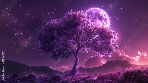 A purple tree with a large moon behind it. There are also purple flowers and butterflies in the foreground.