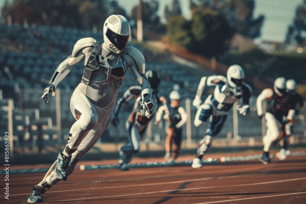In a high-stakes race where participants are enhanced with cybernetic limbs and biosensors that monitor their vitals In a high-stakes race where participants are enhanced with cybernetic limbs and biosensors that monitor their vitals