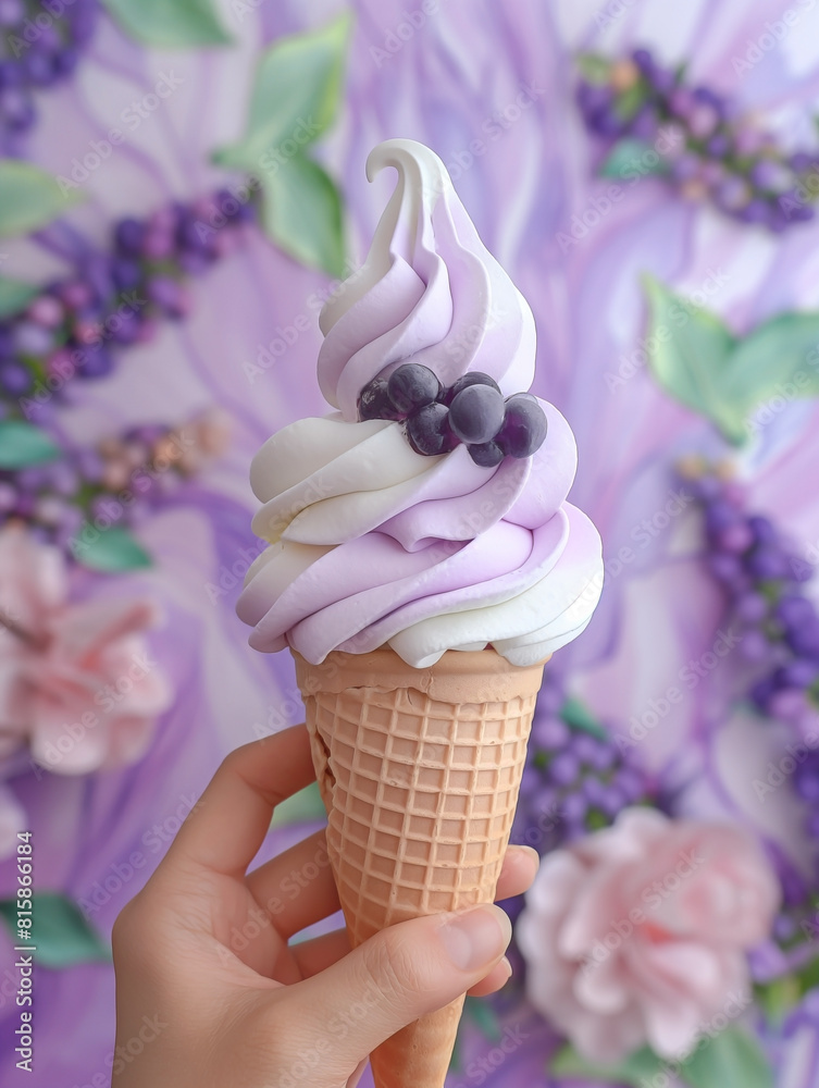 Japanese Pastel white soft ice cream cone , side relief style Japanese Style Hokkaido, white to Pastel purple color scheme, decorated with a piece of Small black grape Japanese Pastel white soft ice cream cone , side relief style Japanese Style Hokkaido, white to Pastel purple color scheme, decorated with a piece of Small black grape