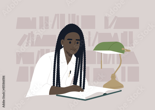 Studious Individual Reading in a Cozy Library With Lamp Light in the Evening, surrounded by bookshelves in the background creating a serene and focused atmosphere