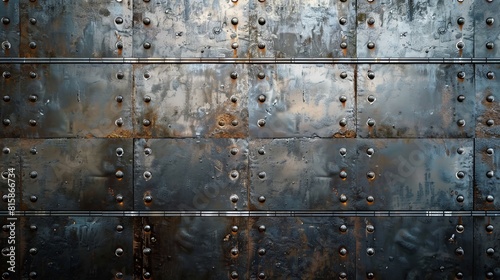 A direct frontal view on a factory wall made out of heavy metallic plates, held together with rivets