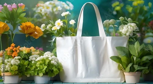 Mockup of white tote bag adorned with flowers for branding purposes. Concept Product Mockup, White Tote Bag, Flower Adorned, Branding, Design Concept photo