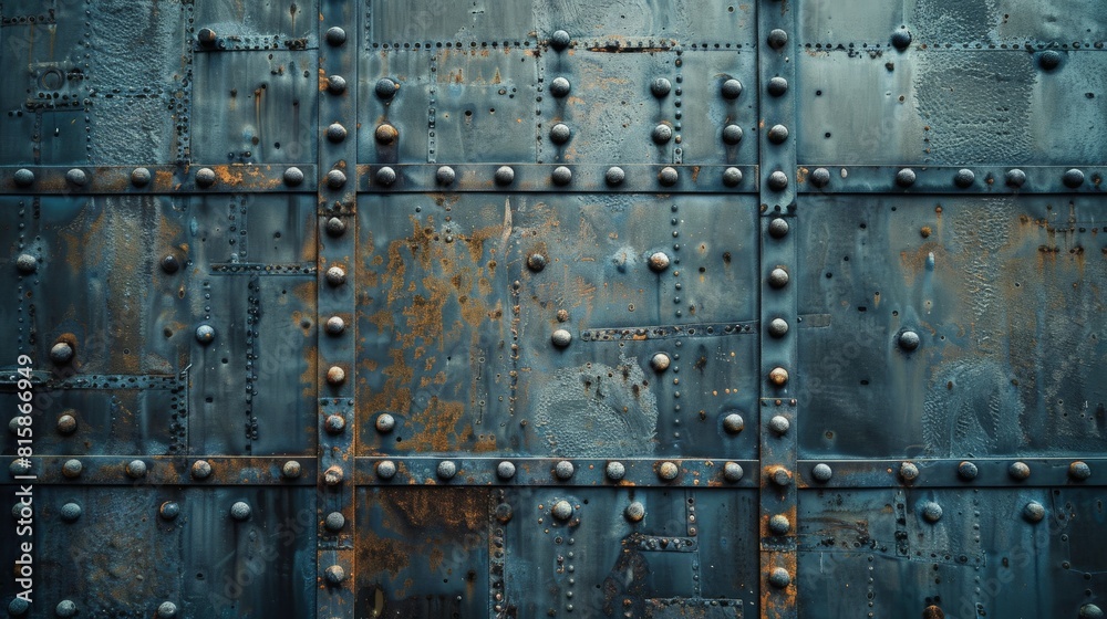 A direct frontal view on a factory wall made out of heavy metallic plates, held together with rivets A direct frontal view on a factory wall made out of heavy metallic plates, held together with rivets