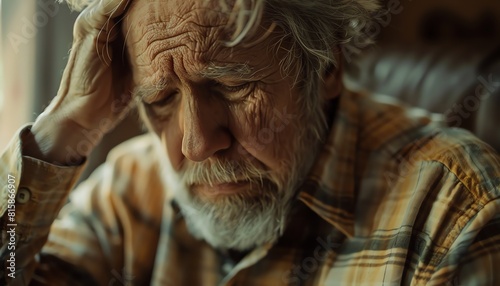 Elderly man with headache, soft focus, high detail, muted colors, closeup, indoor natural light