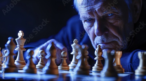 Intense chess game, older man focused, chess pieces lit dramatically, deep blue tones, closeup