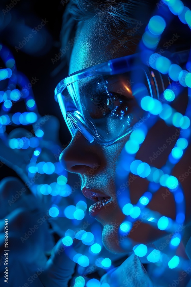custom made wallpaper toronto digitalScientist studying glowing DNA strands, blue bioluminescence, reflective goggles, intense focus