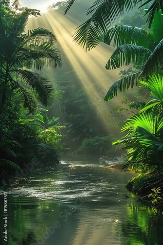 Mystical river in a dense jungle  sunrise creating light rays through the mist  vibrant greens  panoramic perspective