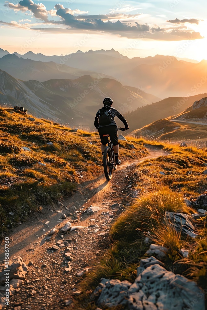 Fototapeta premium Solo mountain biker navigating a rugged trail in the Alps, challenging terrain, dramatic scenery, late afternoon light