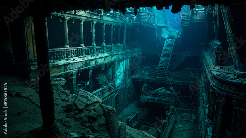 gloomy interior of a sunken luxury passenger ship in the rays of light passing through the depths of the ocean