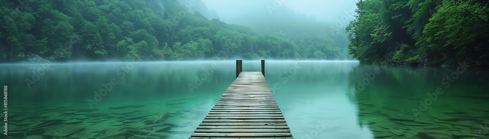 Naklejka premium Wooden pier extending over a calm, green lake surrounded by lush forests, serene morning mist, peaceful and untouched nature