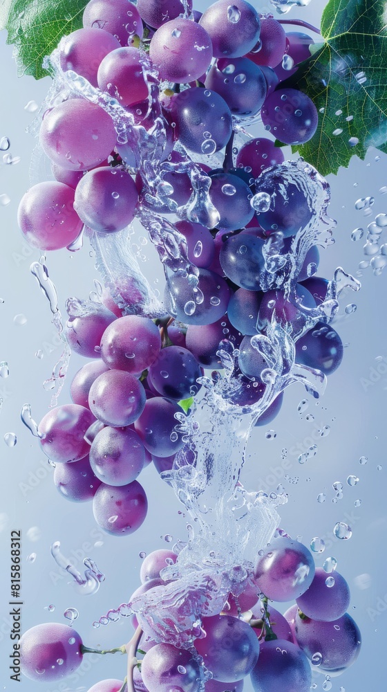 Bunch of grapes with water splash on a blue background. Detailed macro shot. Natural freshness and organic food concept for design and print. Bunch of grapes with water splash on a blue background. Detailed macro shot. Natural freshness and organic food concept for design and print.
