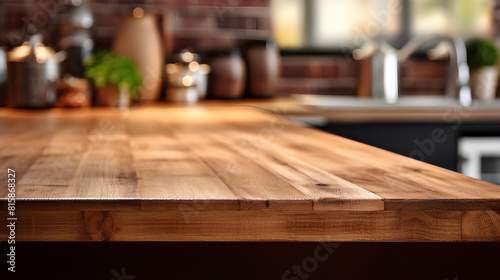 An empty brown wooden countertop and a blurred background of the interior of a modern kitchen  a demonstration of the installation of the product.