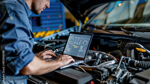 a mechanic with a laptop on a car engine conducts computer diagnostics of a car in a car service center