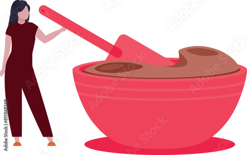 The girl is stirring the melted chocolate.