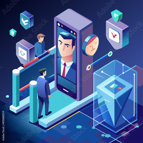 Facial recognition access control. Security technology in public spaces. Identity verification system. Low poly vector illustration with 3D effect on secured entrance background.